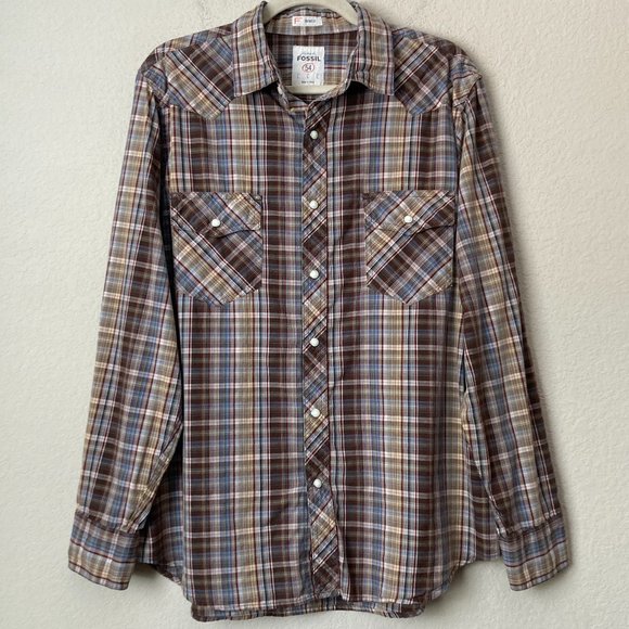 Fossil Plaid Pearl Snap Rodeo Western Cotton Vintage Fit Shirt - Picture 1 of 12